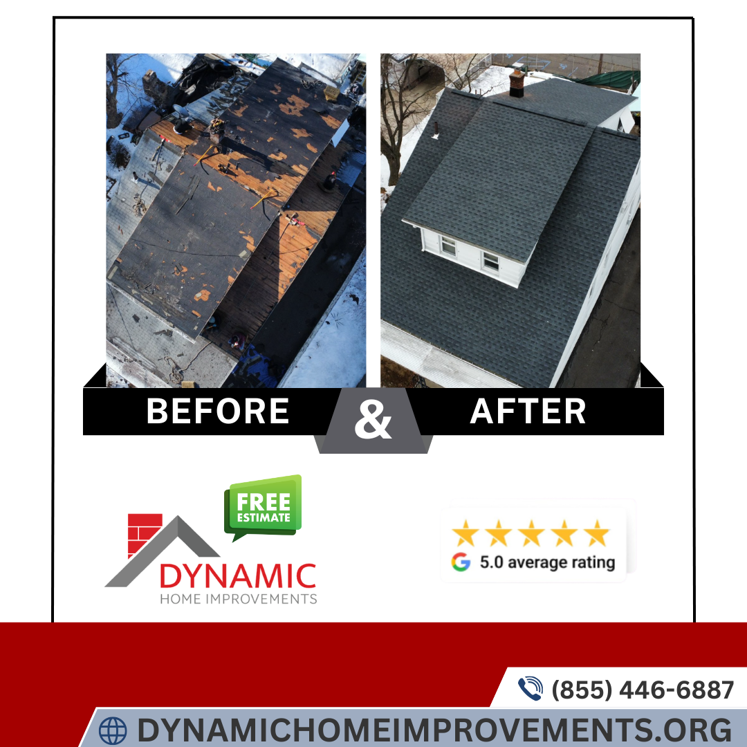 Before and after — new roof replacement by Dynamic Home Improvements